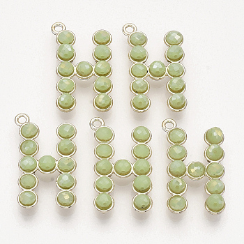 Eco-Friendly Alloy Pendants, with Glass Beads, Letter H, Light Gold, Aquamarine, 27x16x6mm, Hole: 1.8mm