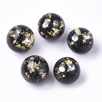 Resin Beads, with Rhinestone & Glitter Powder & Gold Foil, Half Drilled, Round, Black, 20mm, Half Hole: 1.2mm