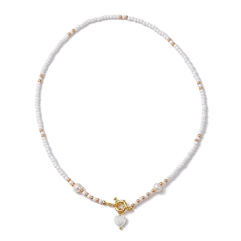 Natural Pearl Heart Pendant Necklace, with Glass Seed Beaded, White, 17.76 inch(45.1cm)