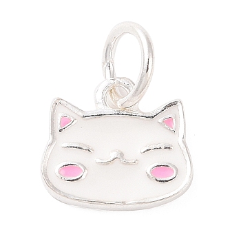 Cat Shape 925 Sterling Silver Charms, with Enamel and Jump Rings & S925 Stamp, White, 8x9x1.3mm, Hole: 3.6mm