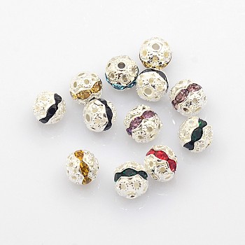 Brass Rhinestone Beads, Grade A, Silver Color Plated, Round, Mixed Color, 6mm, Hole: 1mm
