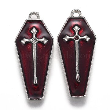 Halloween Theme Alloy Enamel Pendants, Red Coffin with Cross, Platinum, 25.5x11x1.5mm, Hole: 1.6mm(X-ENAM-J649-14P-02)