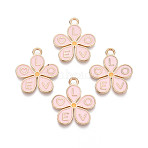Alloy & Enamel Pendants, Flower & Letter Charms, Golden, Misty Rose, 25x22x1.5mm, Hole: 2~2.5mm(ENAM-T021-61G)