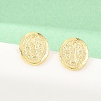 Religion Brass Stud Earrings, Oval with Saint Charm, Long-Lasting Plated, Rack Plating, Lead Free & Cadmium Free, Real 18K Gold Plated, 10x8mm(EJEW-F405-23F-G)