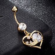 Brass Cubic Zirconia Navel Ring, Belly Rings, with 304 Stainless Steel Bar, Cadmium Free & Lead Free, Real 18K Gold Plated, Heart, Clear, 42x18mm, Bar: 15 Gauge(1.5mm), Bar Length: 3/8"(10mm)(AJEW-EE0004-18)