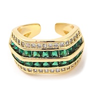 Rack Plating Brass Open Cuff Rings, Green Cubic Zirconia Finger Ring, Real 16K Gold Plated, Inner Diameter: 17mm(RJEW-R138-05G)
