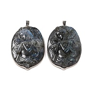 Natural Labradorite Carved Goddess Big Pendants, Oval Charms with Platinum Plated Rack Plating Brass Snap on Bails, 53x32x10mm, Hole: 5x4mm(G-B085-09P)