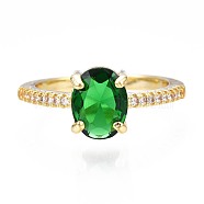 Green Cubic Zirconia Oval Open Cuff Ring for Women, Nickel Free, Real 18K Gold Plated, US Size 6 3/4(17.1mm)(RJEW-N035-093)
