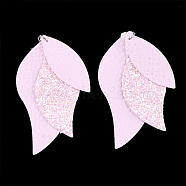 PU Leather Big Pendants, with Sequins/Paillette and Platinum Tone Iron Loop, Pearl Pink, 75x35x3mm, Hole: 5mm(X-FIND-T062-005G)