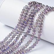 Electroplate Transparent Glass Beads Strands, Full Rainbow Plated, Faceted, Rondelle, Lilac, 4x3mm, Hole: 0.4mm, about 123~127pcs/strand, 16.5~16.9 inch(42~43cm)(EGLA-A034-T4mm-G05)