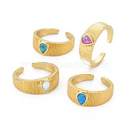 Teardrop Natural Opal Cuff Ring for Women, Real 16K Gold Plated Grooved Brass Open Ring, October Birthstone Stackable Ring, Nickel Free, Mixed Color, US Size 6 1/2(16.9mm)(RJEW-T016-33-NF)