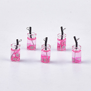 Glass Bottle Pendants, with Resin, Plastic and Iron Findings, Fruit Tea Charms, Platinum, Hot Pink, 25~28x10mm, Hole: 1.8mm(CRES-N017-06J)