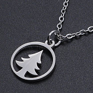 Christmas Theme, 201 Stainless Steel Pendant Necklaces, with Cable Chains and Lobster Claw Clasps, Ring with Christmas Tree, Stainless Steel Color, 15.74 inch(40cm), 1.5mm(NJEW-S105-JN562-40-1)