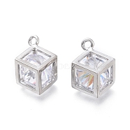 Hollow Brass Micro Clear Cubic Zirconia Charms, Faceted, Long-Lasting Plated, Cube, Platinum, 14.7x10.4x7.3mm, Hole: 1.5mm(ZIRC-H101-01P)