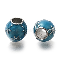 Rack Plating Alloy European Beads, with Enamel, Lead Free & Cadmium Free, Large Hole Beads, Round with Snowflake, Dark Cyan, 10x10mm, Hole: 4.5mm(FIND-H005-08P-01)