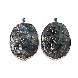 Natural Labradorite Carved Goddess Big Pendants, Oval Charms with Platinum Plated Rack Plating Brass Snap on Bails, 53x32x10mm, Hole: 5x4mm(G-B085-09P)