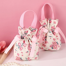 Cloth Flower Print Drawstring Pouches, Candy Gift Tote Bags Christmas Party Wedding Favors Bags, Pink, 15x15cm(PW-WG35033-03)