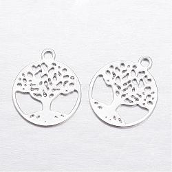 Brass Charms, Flat Round with Tree of Life, Platinum, 11.5x10x0.3mm, Hole: 1mm(KK-P049-07P)