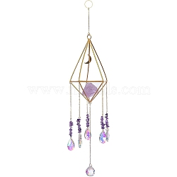 Natural Amethyst & Metal Moon Hanging Ornaments, Glass Teardrop Tassel Suncatchers for Home Outdoor Decoration, 450mm(PW-WG90992-01)
