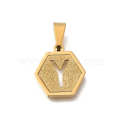 304 Stainless Steel Charms, Real 18K Gold Plated, Hexagon with Letter Charm, Letter Y, 15x14x1.5mm, Hole: 3x5.5mm(STAS-H227-01G-Y)