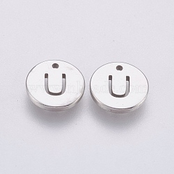 304 Stainless Steel Charms,  Flat Round with Letter, Stainless Steel Color, Letter.U, 10x1mm, Hole: 1mm(STAS-P212-15P-12)