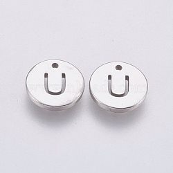 Non-Tarnish 304 Stainless Steel Charms, Flat Round with Letter, Stainless Steel Color, Letter.U, 10x1mm, Hole: 1mm(STAS-P212-15P-12)