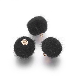 Handmade Plush Cloth Fabric Covered, with CCB Plastic Findings, Round, Golden, Black, 17x15mm, Hole: 1.5mm(FIND-P029-C11)