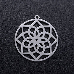 201 Stainless Steel Pendants, Ring with Flower, Stainless Steel Color, 21.5x20x1mm, Hole: 1.2mm(STAS-Q201-JN348-1)