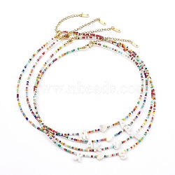 Natural Shell Mixed Letter Pendant Necklaces, Initial Necklaces, with Faceted Rondelle Glass Beads and 304 Stainless Steel Beads, Golden, Mixed Color, 17.91 inch(45.5cm)(NJEW-JN03346)