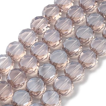 Electroplate Glass Beads Strands, Flat Round, Pearl Luster Plated, Faceted, Rosy Brown, 8x5mm, Hole: 1.4mm, about 79pcs/strand, 23.31 inch(59.2cm)