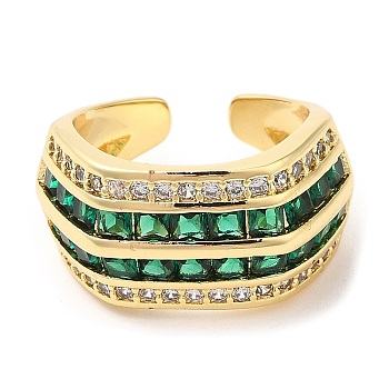 Rack Plating Brass Open Cuff Rings, Green Cubic Zirconia Finger Ring, Real 16K Gold Plated, Inner Diameter: 17mm