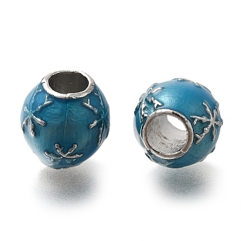 Rack Plating Alloy European Beads, with Enamel, Lead Free & Cadmium Free, Large Hole Beads, Round with Snowflake, Dark Cyan, 10x10mm, Hole: 4.5mm