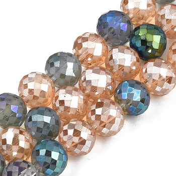 Electroplate Transparent Glass Beads Strands, Luster Plated, Faceted, Round, Colorful, 8x7.5mm, Hole: 1.2mm, about 54pcs/strand, 16.14 inch(41cm)