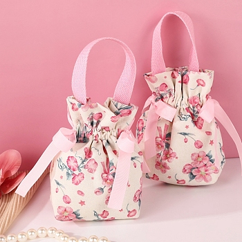Cloth Flower Print Drawstring Pouches, Candy Gift Tote Bags Christmas Party Wedding Favors Bags, Pink, 15x15cm