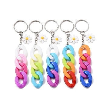 5Pcs Acrylic Curb Chain Keychain, with Resin Daisy Charm and Iron Keychain Ring, Mixed Color, 12.8~13cm