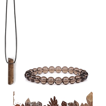 Natural Smoky Quartz Beads Stretch Bracelets & Pendant Necklaces Sets for Men, 7.48 inch(190mm)