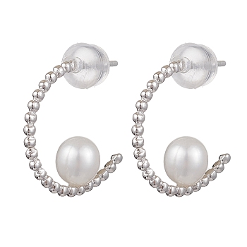 Natural Pearl Ear Studs, with Sterling Silver Findings, Round, Platinum, 23x5mm