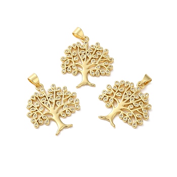Rack Plating Brass Pave Cubic Zirconia Pendants, Lead Free & Cadmium Free, Real 18K Gold Plated, Long-Lasting Plated, Tree Charm, Clear, 24x22x2mm, Hole: 4x3.5mm