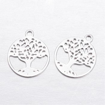 Brass Charms, Flat Round with Tree of Life, Platinum, 11.5x10x0.3mm, Hole: 1mm