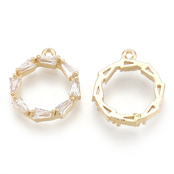 Cubic Zirconia Charms, Real 18K Gold Plated, with Brass Findings, Ring, Clear, 12x10x3mm, Hole: 1mm
