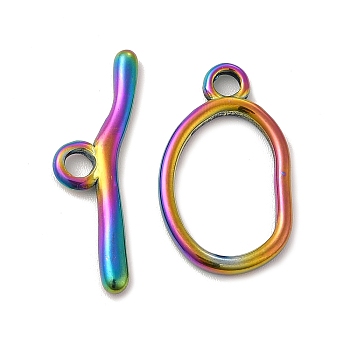 Ion Plating(IP) 304 Stainless Steel Toggle Clasps, Oval, Rainbow Color, Oval: 25x15x2mm, Hole: 3mm, 16.5x11mm inner diameter, Bar: 28.5x8.5x2.5mm, hole: 3mm