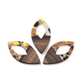 Walnut Wood Pendants, Resin & Gold Foil, Oval, Dark Salmon, 47.5x24x3.5mm, Hole: 2mm