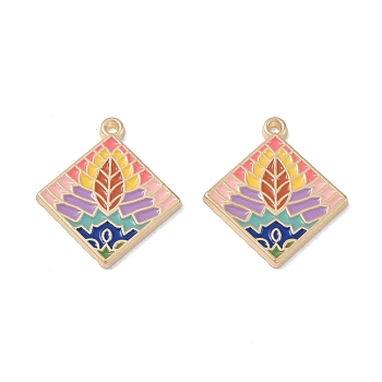 Rack Plating Alloy Enamel Pendants, Rhombus with Leaf Charm, Cadmium Free & Nickel Free & Lead Free, Colorful, 28x25x2mm, Hole: 1.5mm