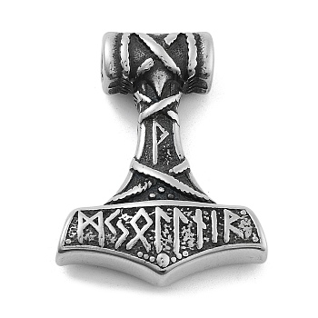 Viking 304 Stainless Steel Pendants, Mjolnir Thor Hammer with Runes Charm, Antique Silver, 41x31.5x10.5mm, Hole: 5.5mm