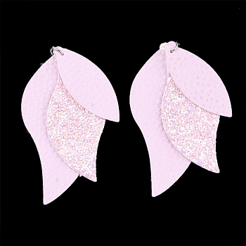 PU Leather Big Pendants, with Sequins/Paillette and Platinum Tone Iron Loop, Pearl Pink, 75x35x3mm, Hole: 5mm