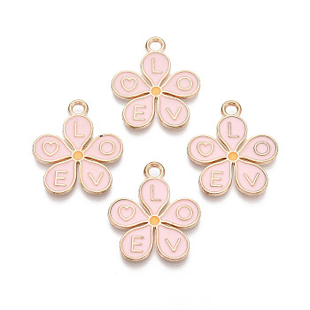 Alloy & Enamel Pendants, Flower & Letter Charms, Golden, Misty Rose, 25x22x1.5mm, Hole: 2~2.5mm