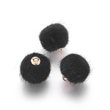 Handmade Plush Cloth Fabric Covered, with CCB Plastic Findings, Round, Golden, Black, 17x15mm, Hole: 1.5mm
