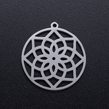 201 Stainless Steel Pendants, Ring with Flower, Stainless Steel Color, 21.5x20x1mm, Hole: 1.2mm