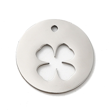 201 Stainless Steel Pendants, Stainless Steel Color, Laser Cut, Flat Round Charm, Clover, 18x1mm, Hole: 1.5mm