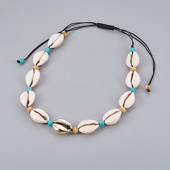 Adjustable Cowrie Shell and Synthetic Turquoise Beaded Necklaces, with Electroplated Sea Shell Beads and Wood Beads, Nylon Cord, Gold, 13~25.2 inch(33~64cm)